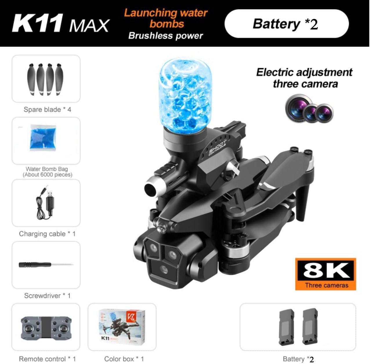 Dron K11 Max — Triple Cámara + Bolitas Hidrogel