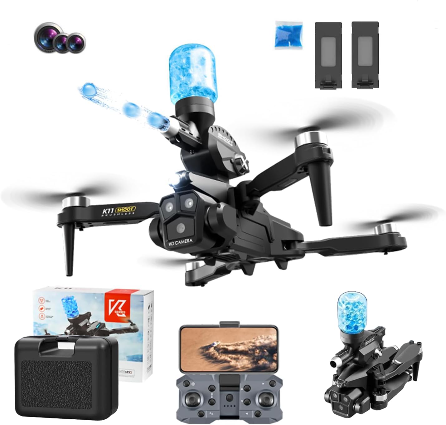 Dron K11 Max — Triple Cámara + Bolitas Hidrogel