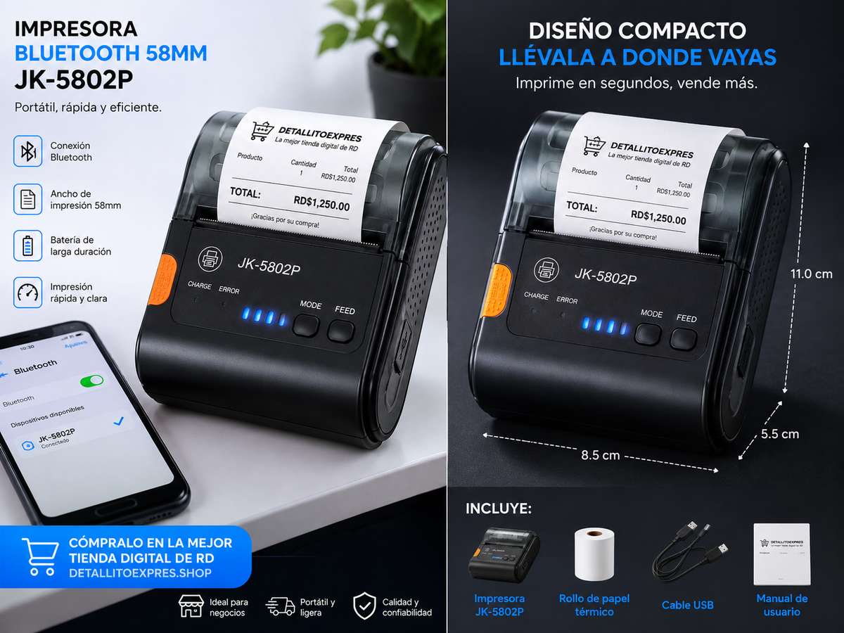 Impresora Bluetooth 58mm JK-5802P - Portátil, rápida y eficiente
