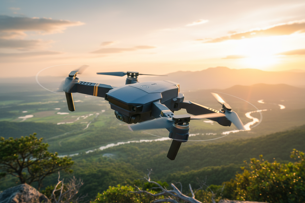 Drone E58 volando al atardecer